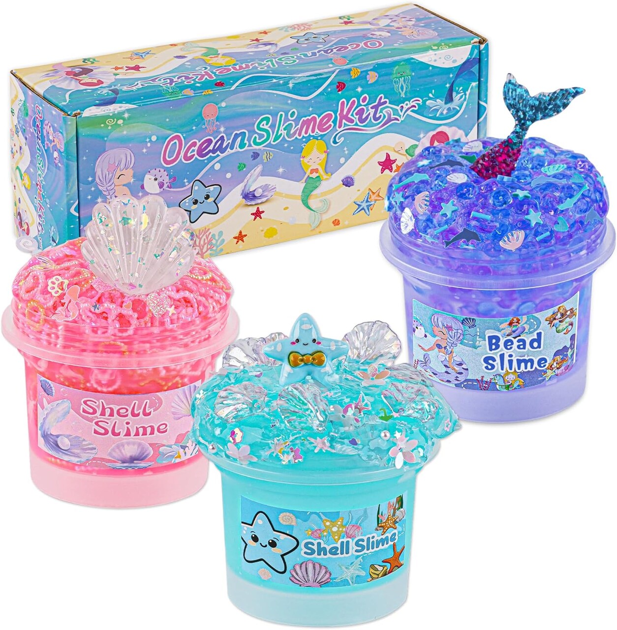 Ocean Slime Kit : Mermaid Bead, Pink Crunchy & Blue Clear Slime